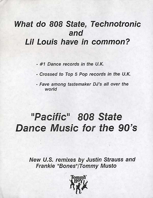 808 State - Pacific - US Test Pressing 12" Single - Press Release