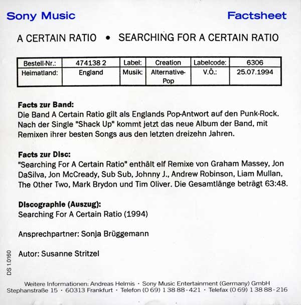 A Certain Ratio - Looking For A Certain Ratio... - German CD - Press Release