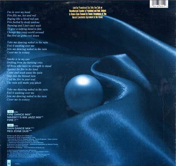 Blue Pearl - Naked In The Rain - US Promo 12" Single - Blue Vinyl - Back Cover