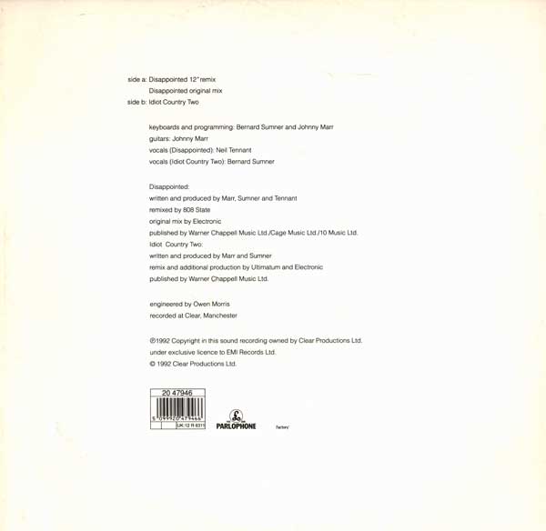Electronic - Disappointed - UK 12" Single - Back Cover