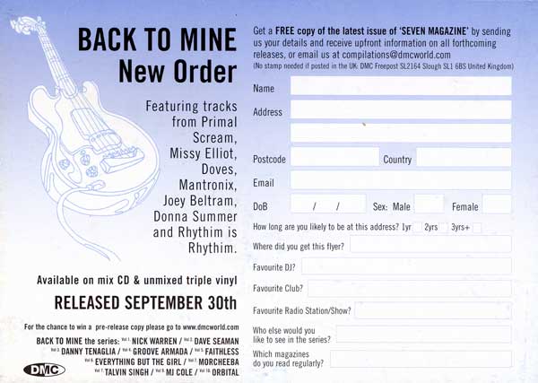 New Order - Back To Mine - UK Promo Postcard - Back