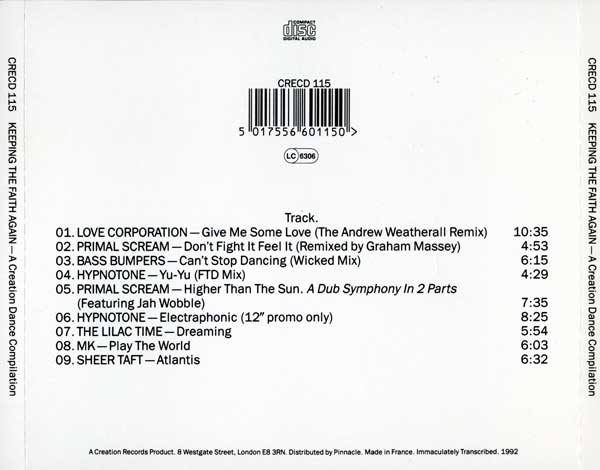 Various - Keeping The Faith Again - A Creation Dance Compilattion - UK CD - Back Cover