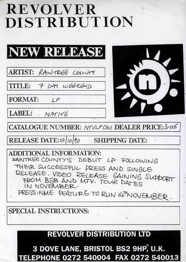Raintree County - Seven Day Weekend - UK Promo Test Press LP - Press Release