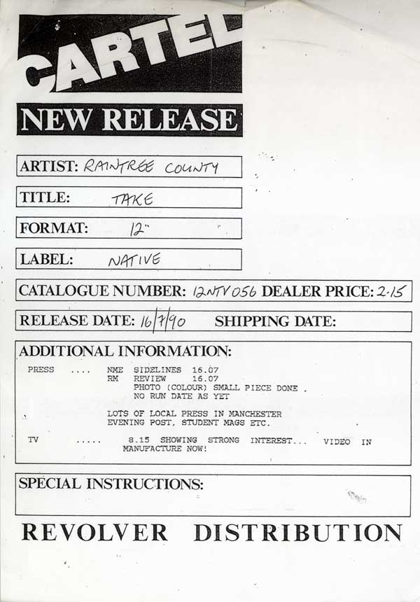 Raintree County - Take - UK Promo White Label 12" Single - Press Release