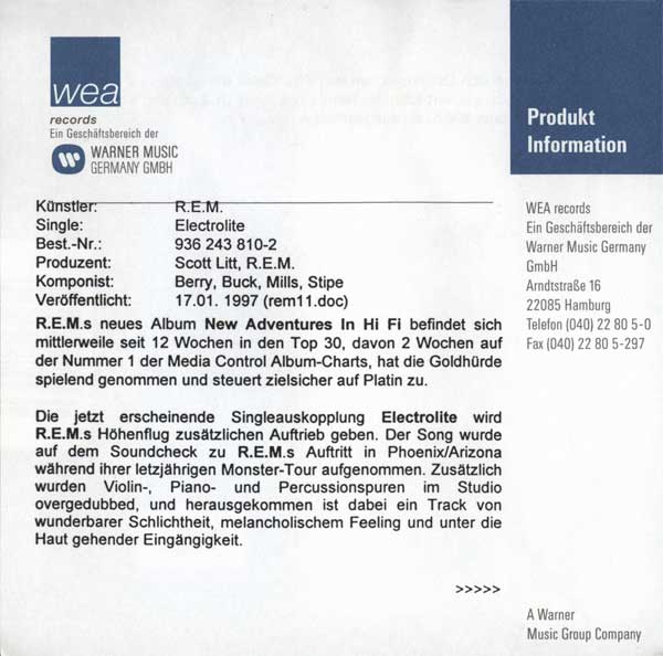 R.E.M. - Electrolite - German CD Single - Press Release
