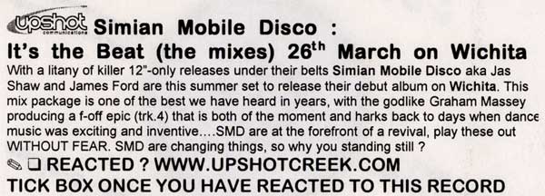 Simian Mobile Disco - It's The Beat - The remixes / b-sides - UK Promo CDR Single - PR Sticker 