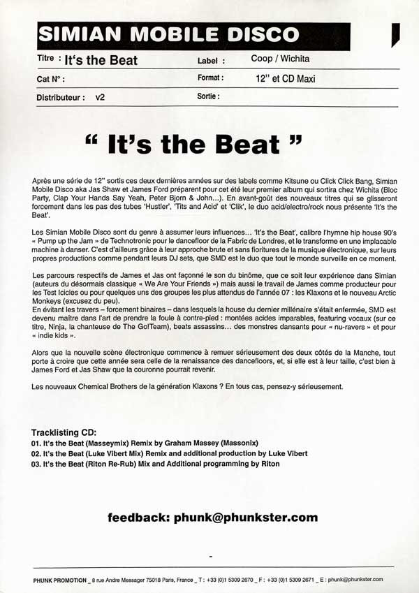 Simian Mobile Disco - It's The Beat - UK 12" Single - French Press Release