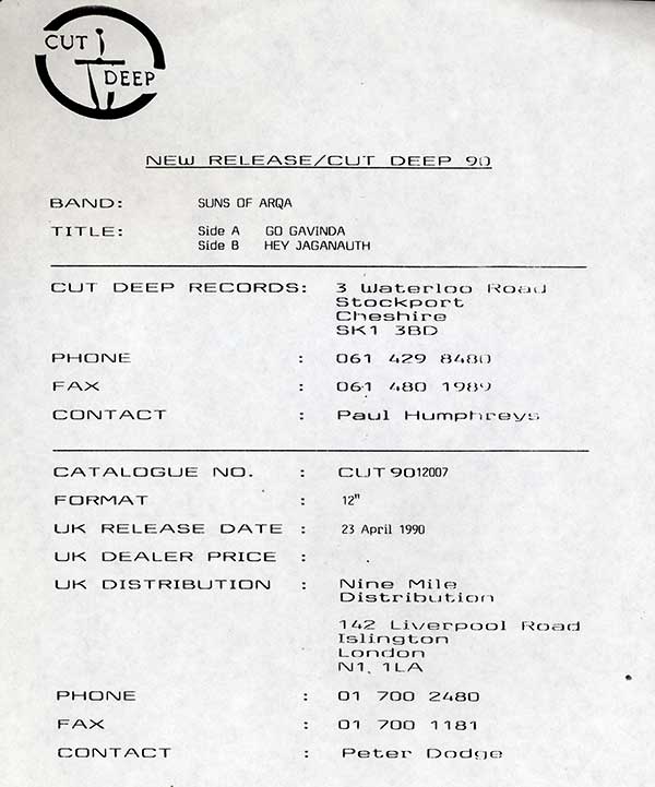 Suns Of Arqa - Govinda Go - Cut Deep - UK Promo 12" Single - Press Release