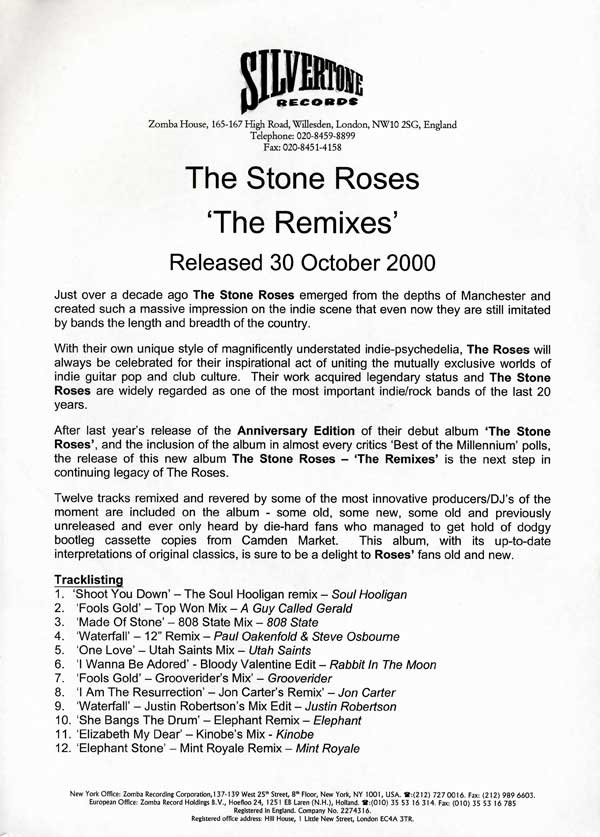 The Stone Roses - The Remixes - UK White Label Promo 2xLP - Press Release