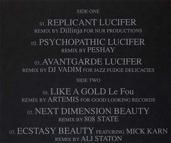 Sugizo - Replicant Lucifer - Japanese 12" Single - Tracklist