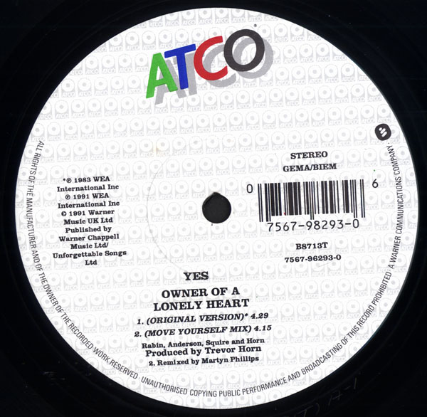Yes - Owner Of A Lonely Heart - UK - 12" Single